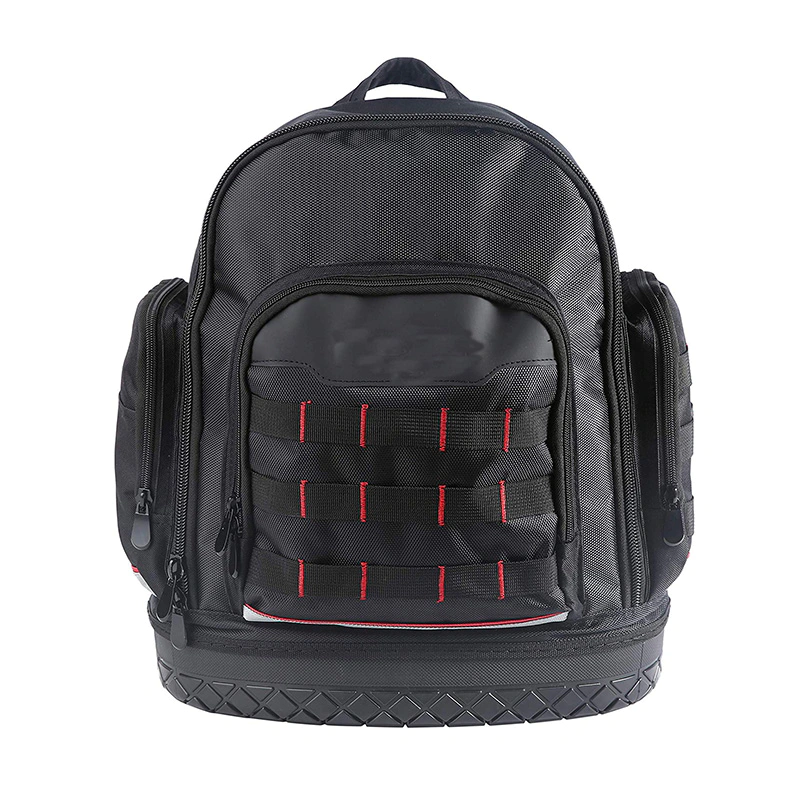 TB 1913 600D polyester black tool backpack with breathness air mesh and plastic bottom
