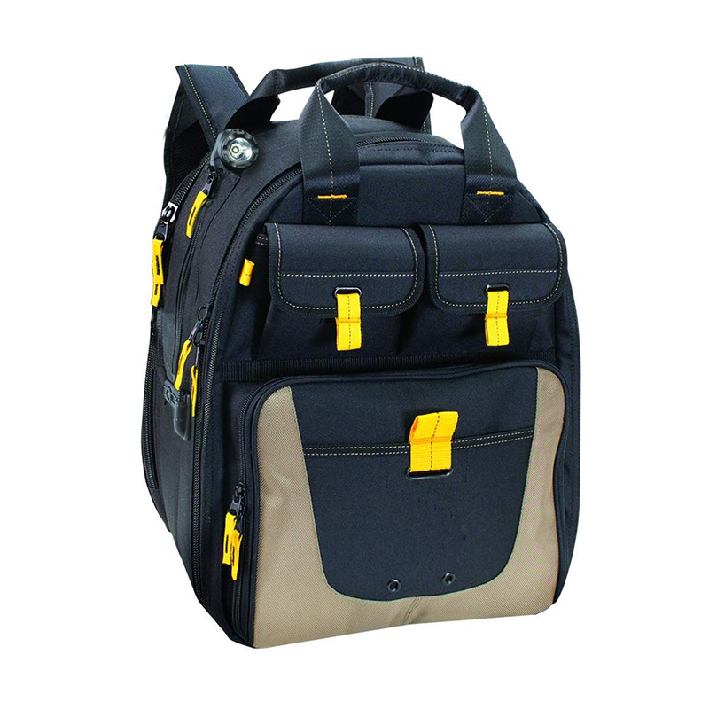 Black 1680D polyester tool backpack with confortable handle to free your hand
