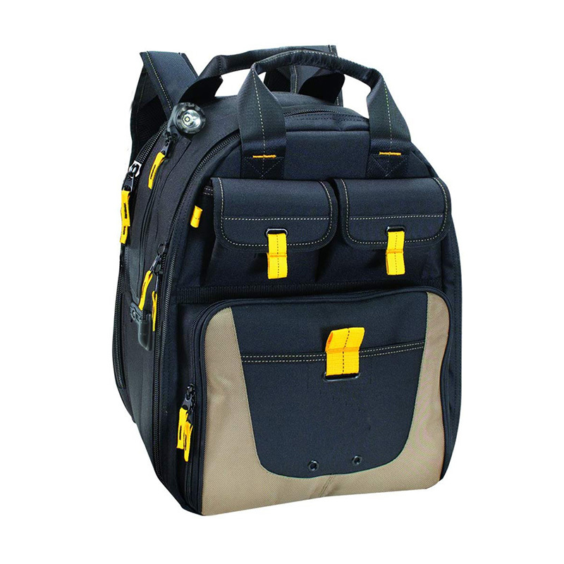 Black 1680D polyester tool backpack with confortable handle to free your hand