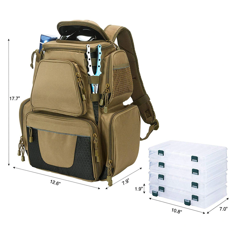 PS-FB2002 Fishing Tackle Backpack with 4 Trays Large Tackle Bag Storage with Khaki color